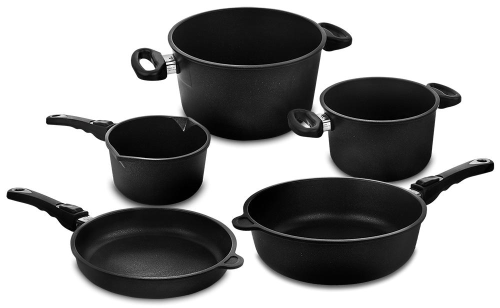 

AMT Gastroguss Frying Pans Набор посуды из 5-ти предметов, литой алюминий с антипригарным покрытием, Черный