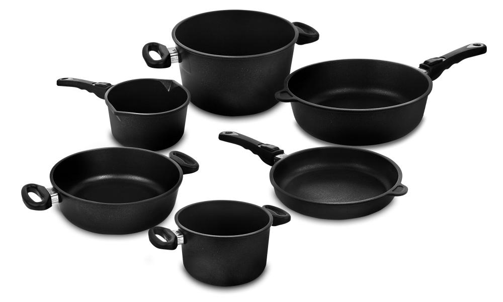 

AMT Gastroguss Frying Pans Набор посуды из 6-ти предметов, литой алюминий с антипригарным покрытием, Черный