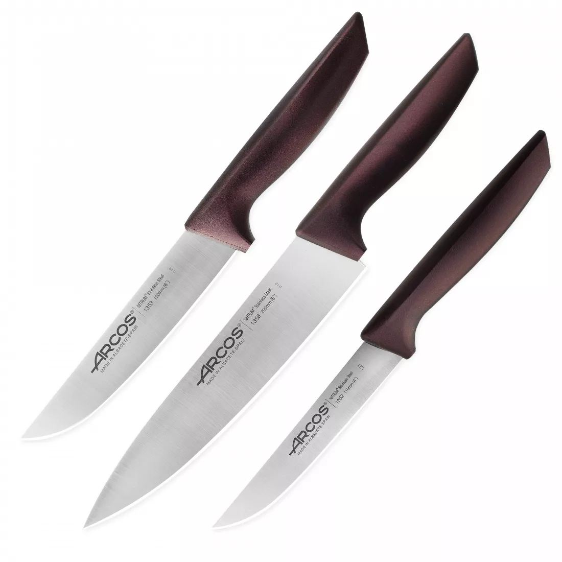 ARCOS Набор кухонных ножей в коробке, 3 шт. (110 мм, 150 мм, 200 мм,) бордовые ручки
